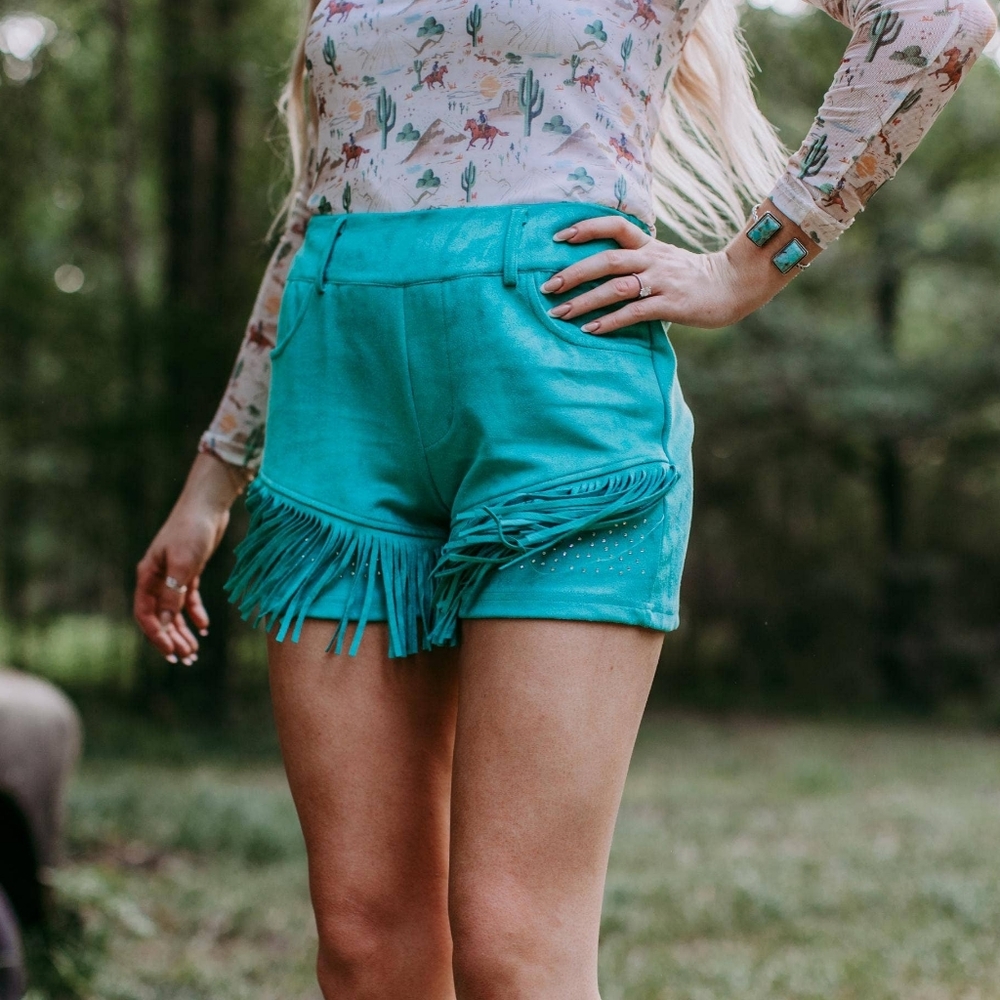 NWT Turquoise Dixie Rhinestone Embellished Fringe Shorts - Picture 3 of 3